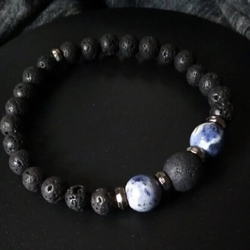 Sodalite + Lava Rock ~ Big Man's Bracelet with Massive Beads - Fits 9